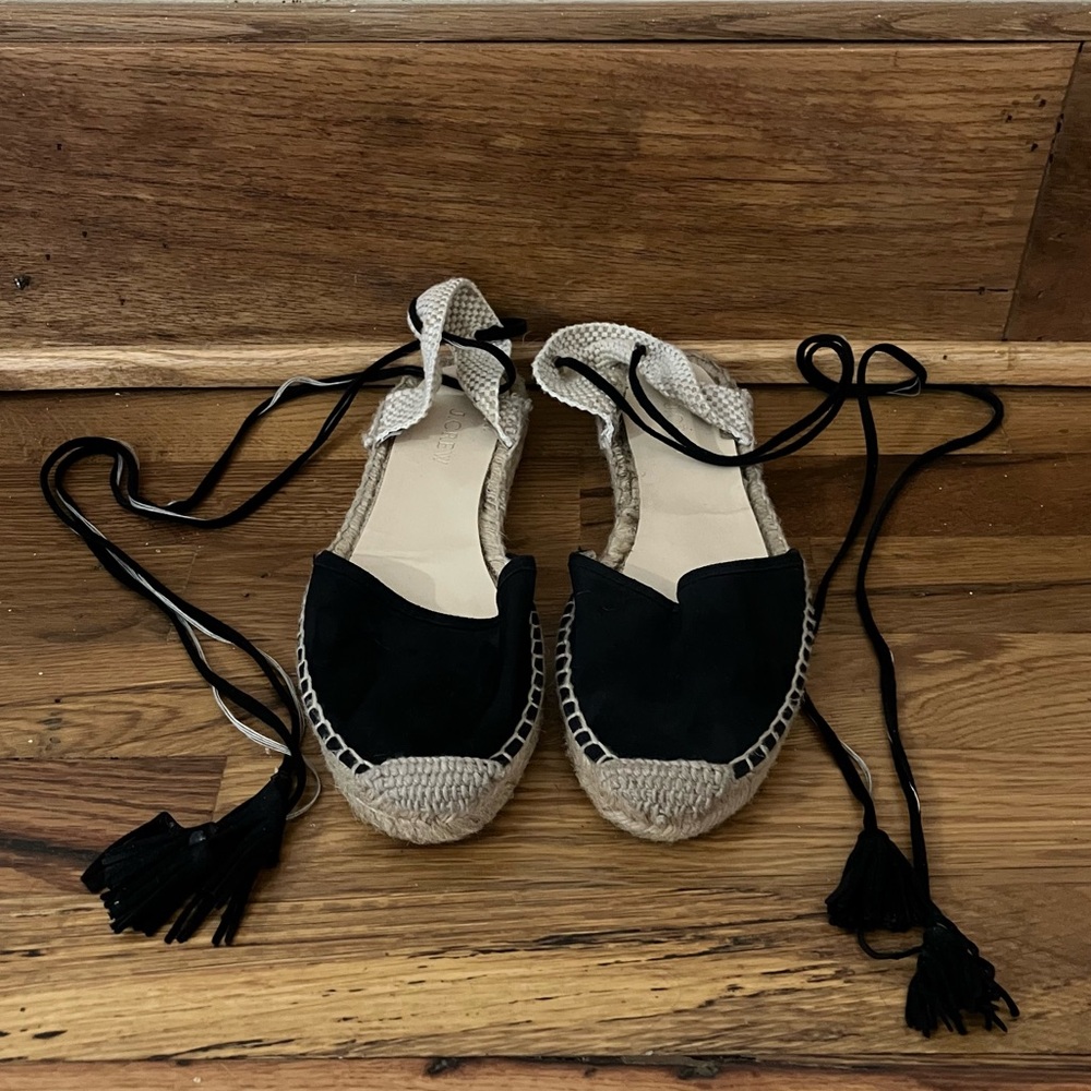 J. Crew Suede Black Espadrille Wrap Tie Ankle Sandals Women’s Size: 9 - Picture 2 of 6